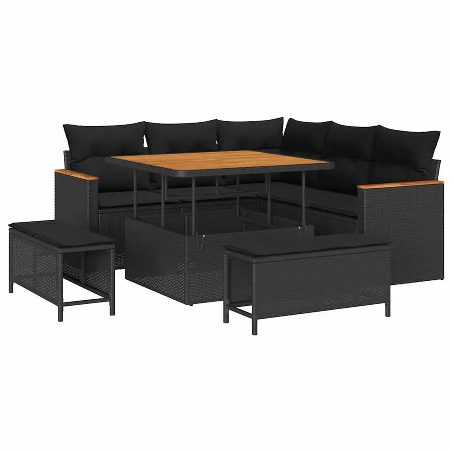 vidaXL 8-teiliges Gartensofa-Set in Schwarz aus Polyrattan und Akazie mit Kissen für Garten, Terrasse und Balkon - Bild 2