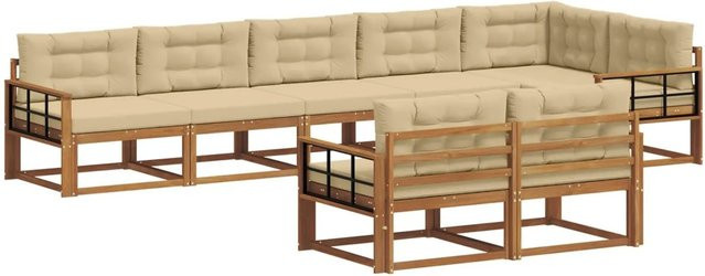vidaXL Outdoor-Sofagarnitur 8-teilig aus Akazienholz in Natur und Beige mit Kissen und L-Form - Bild 1