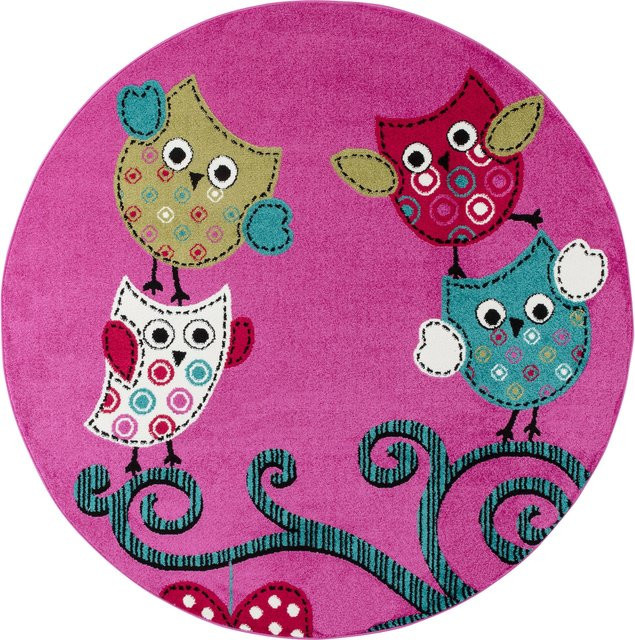 Kinderteppich TASNA von Kadima Design mit Eulen-Motiv in Violett und Multicolour, Durchmesser: 120 cm - Bild 1