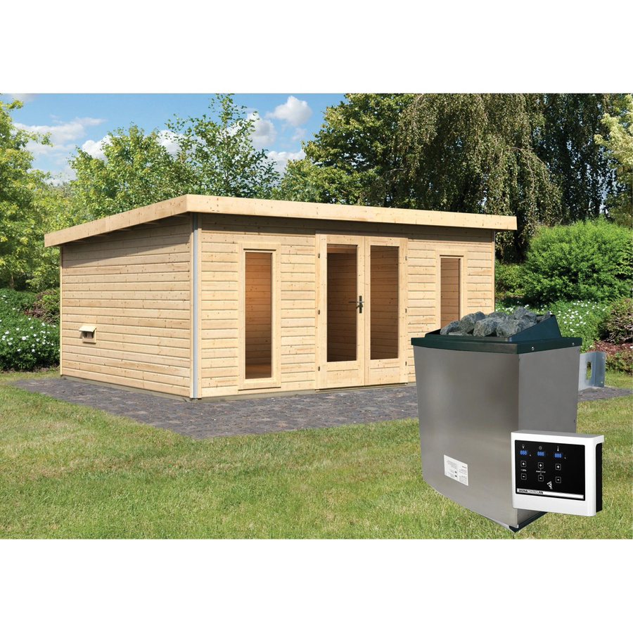 Karibu Saunahaus Magnus 4 Set in Natur mit 9 kW Ofen und externer Steuerung aus Fichte - Bild 2