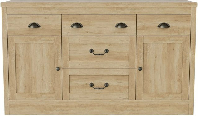 PXloue Sideboard Kommode in Braun mit 2 Türen und 5 Schubladen aus MDF und Metall B/H/T: 135 x 80 x 40 cm - Bild 1