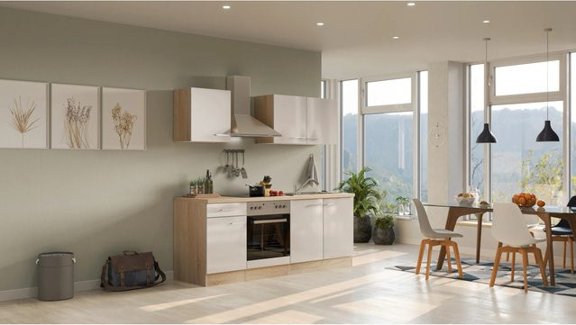 Flex-Well Singleküche Nepal mit E-Geräten in Beige und HPL-Arbeitsplatte, Breite: 210 cm - Bild 1