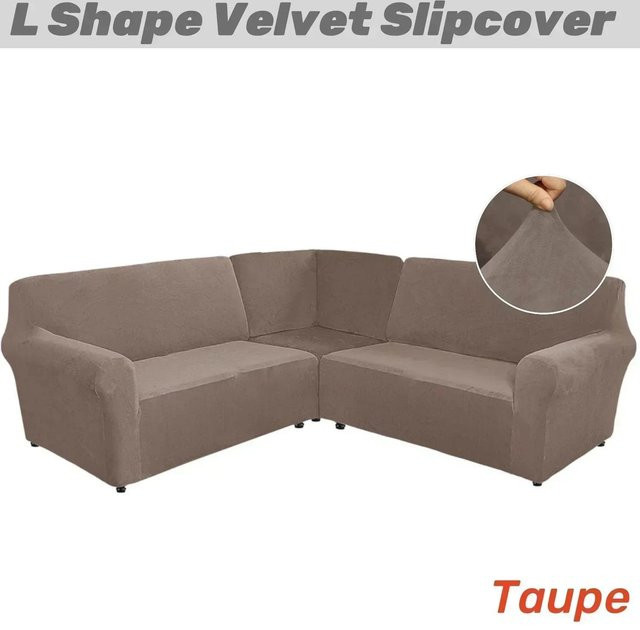 Yiran Furniture 3-teiliges L-förmiges Sofabezug-Set aus Samt für 5-Sitzer Ecksofas, Beige, elastisch und waschbar - Bild 1