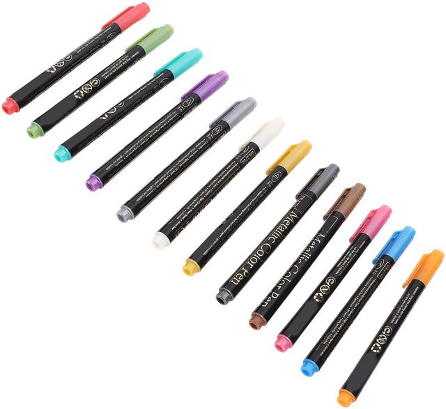 GoolRC Metallic Marker Set mit 12 Farben, permanente Zeichenstifte mit feiner Spitze für Kunstmalerei und Basteln, Multicolor und Schwarz - Bild 1