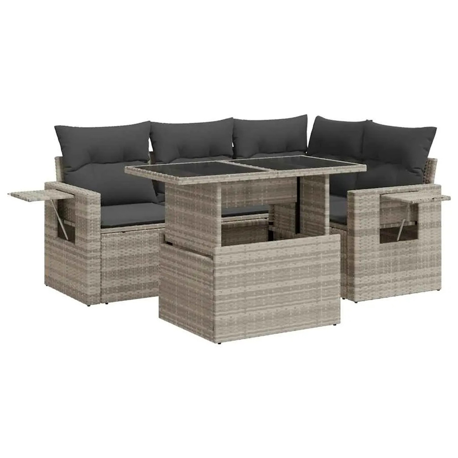 vidaXL 5-teilige Garten-Sofagarnitur in L-Form aus Poly-Rattan mit Kissen und Couchtisch, Hellgrau - Bild 2