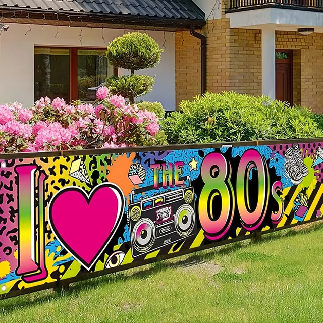 VIKAMA Party-Banner in Rosa mit Retro-90er-Jahre-Muster und Sternen-Design, B/H: 180 x 35 cm - Bild 1