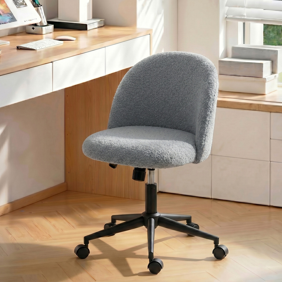 HOMCOM Ergonomischer Bürostuhl aus Teddy-Fleece in Grau, drehbarer Sessel mit Rollen und Schaumpolsterung für Schminktisch oder Make-up - Bild 2