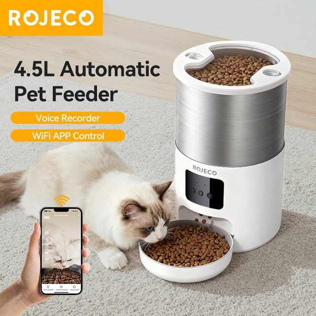 ROJECO Smart Katzenfutterautomat aus Edelstahl mit WiFi App-Steuerung und Sprachaufzeichnung, 4,5 l Füllmenge - Bild 1