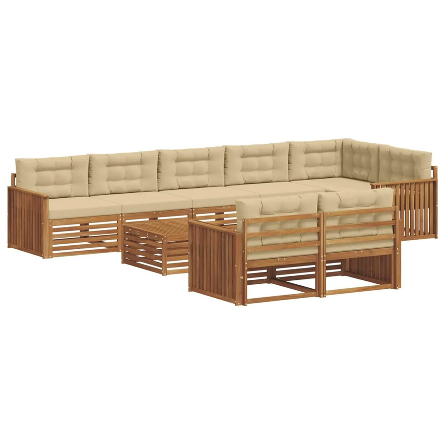 vidaXL Outdoor-Sofagarnitur aus Akazienholz in L-Form, 9-teiliges Set mit Polstern in Natur und Beige - Bild 2