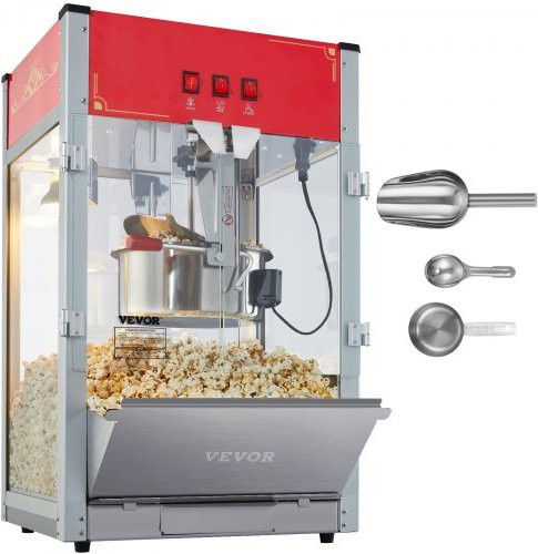 VEVOR Popcorn Maker in Rot mit 1440W Leistung, Popcornmaschine mit 12 Oz Kettle für bis zu 80 Tassen pro Charge, Countertop-Modell mit gehärtetem Glas und 3 Edelstahl-Schöpflöffeln im Kino-Stil - Bild 1