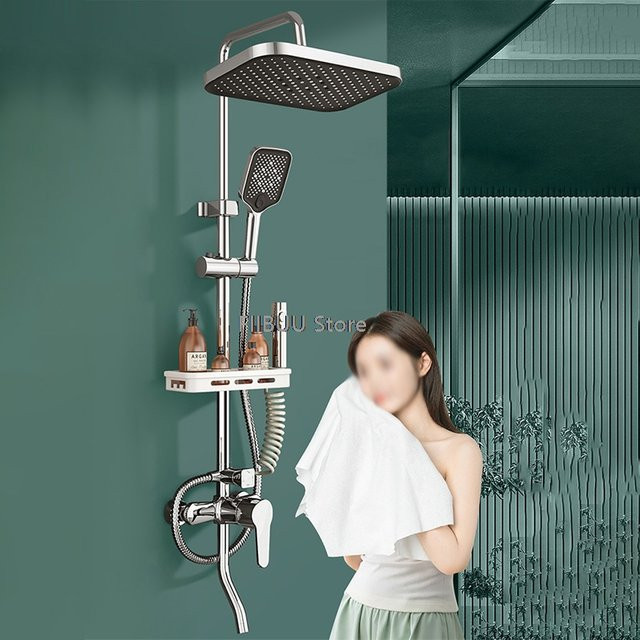 FIIBUU Multifunktions-Duschset mit großem quadratischem Duschkopf und Druckwasser-Massage-Funktion in Schwarz und Silber - Bild 1