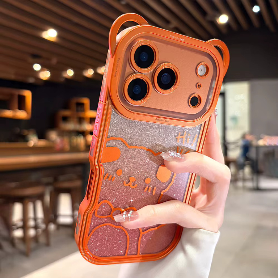 Transparente iPhone 17 Pro Max, iPhone 17 Pro und iPhone 17 Air Schutzhülle mit süßem Bären-Design und Lanyard in Orange aus stoßfestem TPU - Bild 2