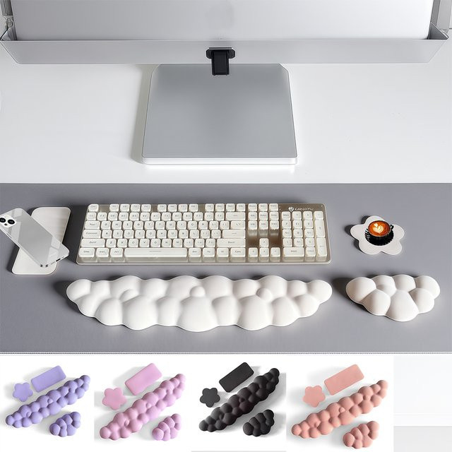4-teiliges Cloud-Tastatur-Handgelenkauflagen-Set aus PU-Leder in Weiß mit rutschfester Basis und floraler Tassenmatte - Bild 1