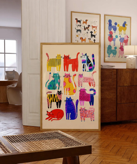 Abstrakter Pop-Art Katzen-Kunstdruck von SHENCHEN in Multicolor als wandmontiertes Porträt - Bild 1