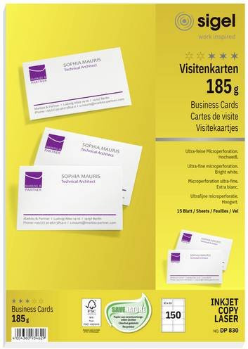 Sigel Bedruckbare Visitenkarten Hochweiß, 150 Stück, 185 g/m², B/H: 5,5 x 8,5 cm - Bild 1