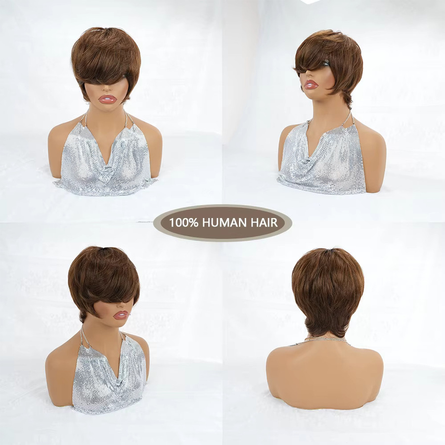 OYM HAIR Pixie-Cut-Perücke, dunkelbraun, kurzes Remy-Echthaar, 180 % Dichte - Bild 5