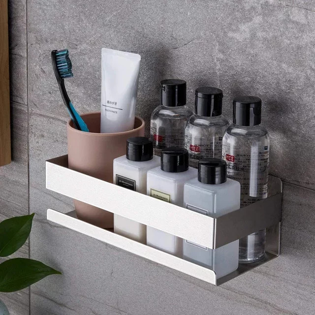 YISENLUO Wandregal aus 304 Edelstahl in Silber, bohrfreie Wandmontage für Badezimmer und Küche, modernes Gewürzregal und Organizer - Bild 1