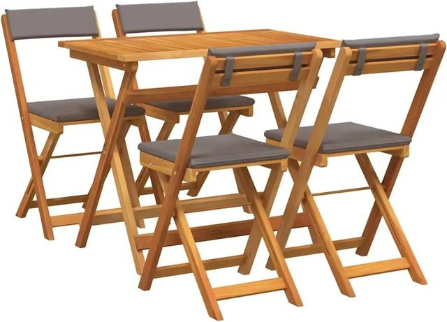 vidaXL 5-teiliges klappbares Bistro-Set aus massivem Akazienholz mit Kissen in Braun und Grau für Garten, Balkon oder Terrasse - Bild 1