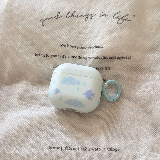 Stoßfeste Apple AirPods Schutzhülle im koreanischen Stil mit blauem Wolken- und Vogel-Graffiti und Haken für AirPods 1, 2, 3, 4 und Pro 2 - Bild 1