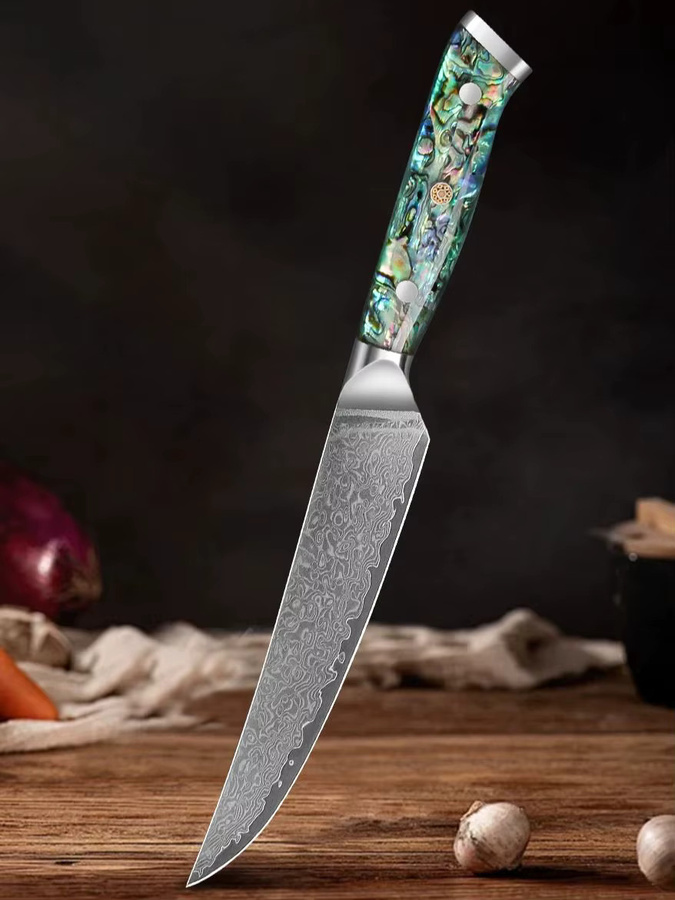 Baovim Damaszener Küchenmesser mit Abalone-Muschel Griff, 5 Zoll Steakmesser für Fleisch und Gemüse, Mehrfarbig - Bild 6