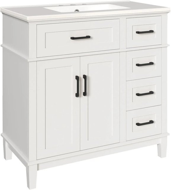 PXloue Waschbeckenunterschrank mit Keramikbecken in Weiß, moderner Badezimmerwaschtisch mit 4 Schubladen und Doppeltür, B/T/H: 90 x 46 x 87 cm - Bild 1