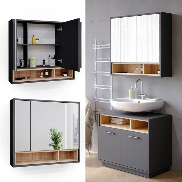 Vicco Badspiegelschrank Beatrice 3-türig mit Ablage, Anthrazit/Sonoma, Breite: 80 cm, Höhe: 72 cm, Tiefe: 20 cm - Bild 1