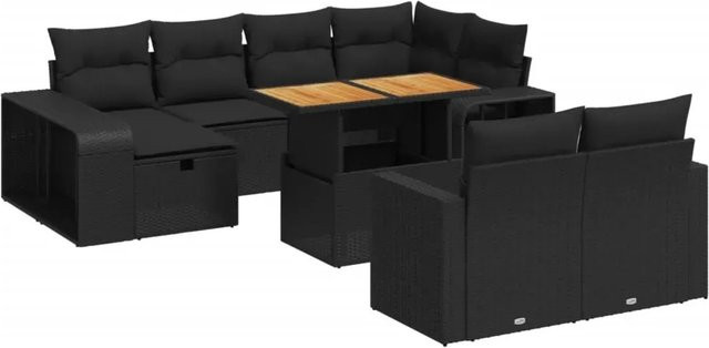vidaXL 11-teilige Garten-Sofagarnitur aus Poly-Rattan und Akazienholz in Schwarz mit Kissen - Bild 1