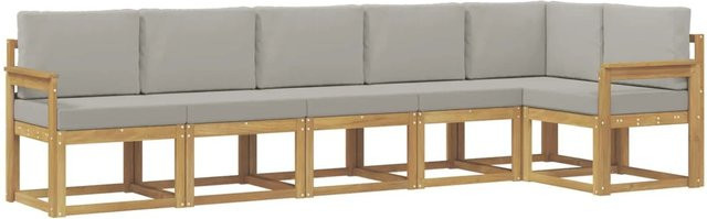 vidaXL Outdoor-Sofagarnitur in L-Form aus Akazienholz mit Kissen, 6-teilig, Weiß-Hellgrau - Bild 1