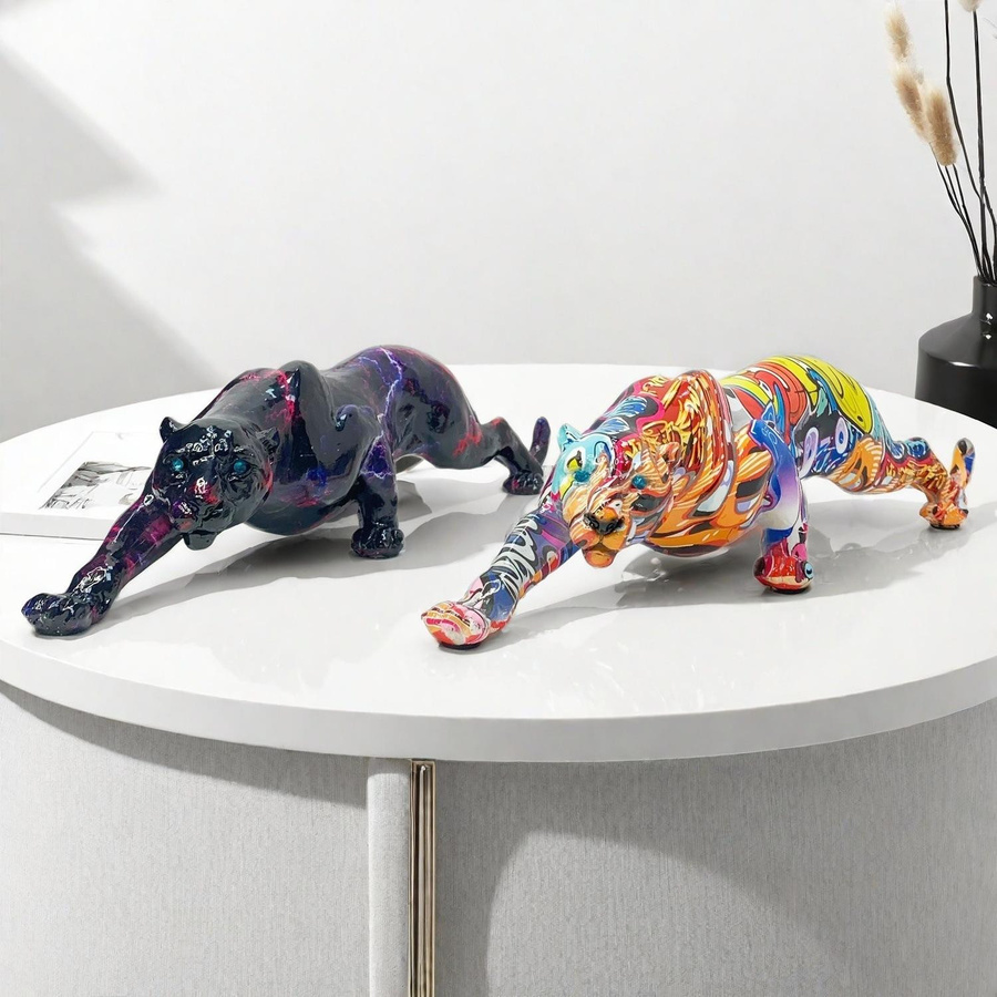 Yiran Furniture Leoparden-Ornamente aus Kunstharz in Schwarz, Gold und Multicolour zur Tischdekoration - Bild 1