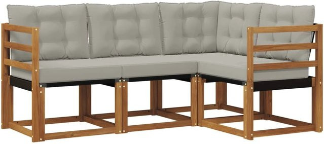 vidaXL Outdoor-Sofagarnitur 4-teilig L-Form aus Akazienholz und Textilene in Natur und Hellgrau mit Kissen - Bild 1