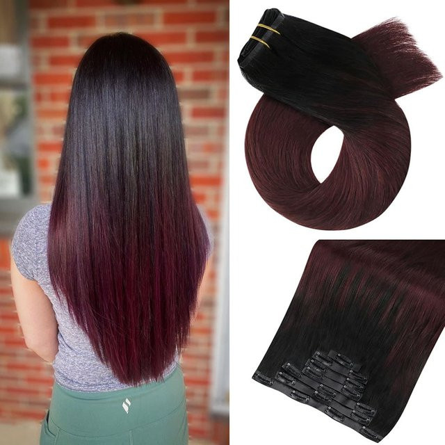 donxue Clip In Echthaarverlängerungen, Burgund Ombre, 110g, 8 Teile - Bild 1