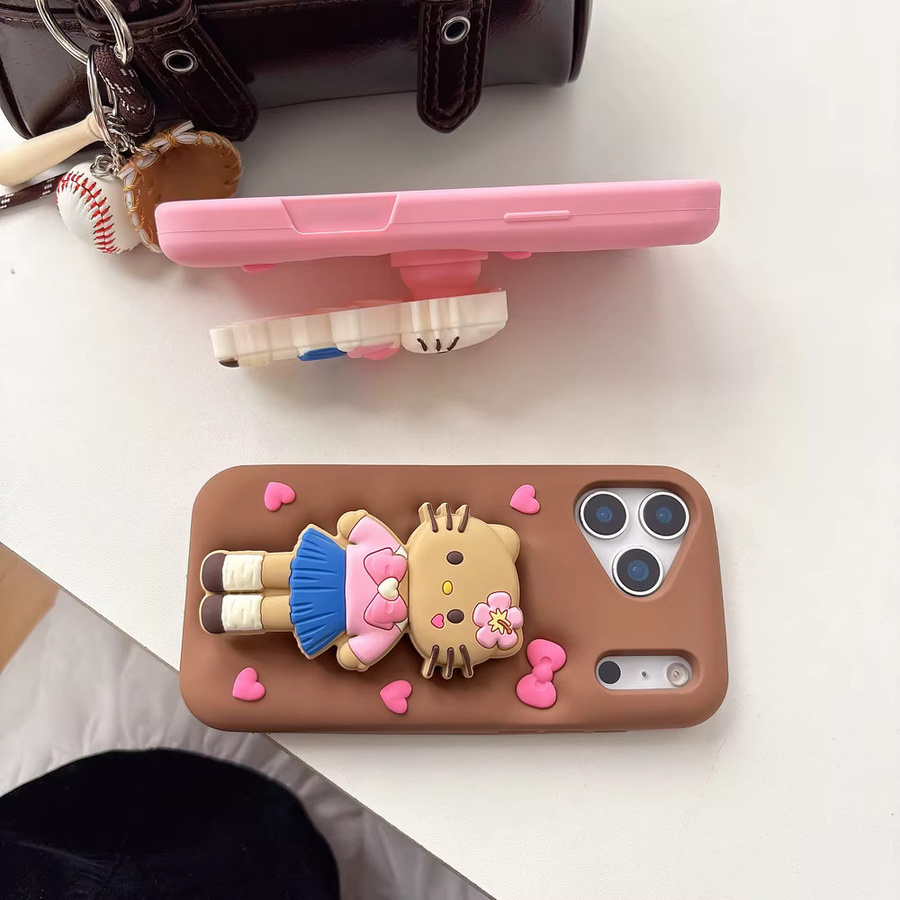 Sanrio Hello Kitty Silikonhülle mit 3D-Ständerhalter für iPhone 17, 16, 15, 14, 13 Pro Max in Braun - Bild 3