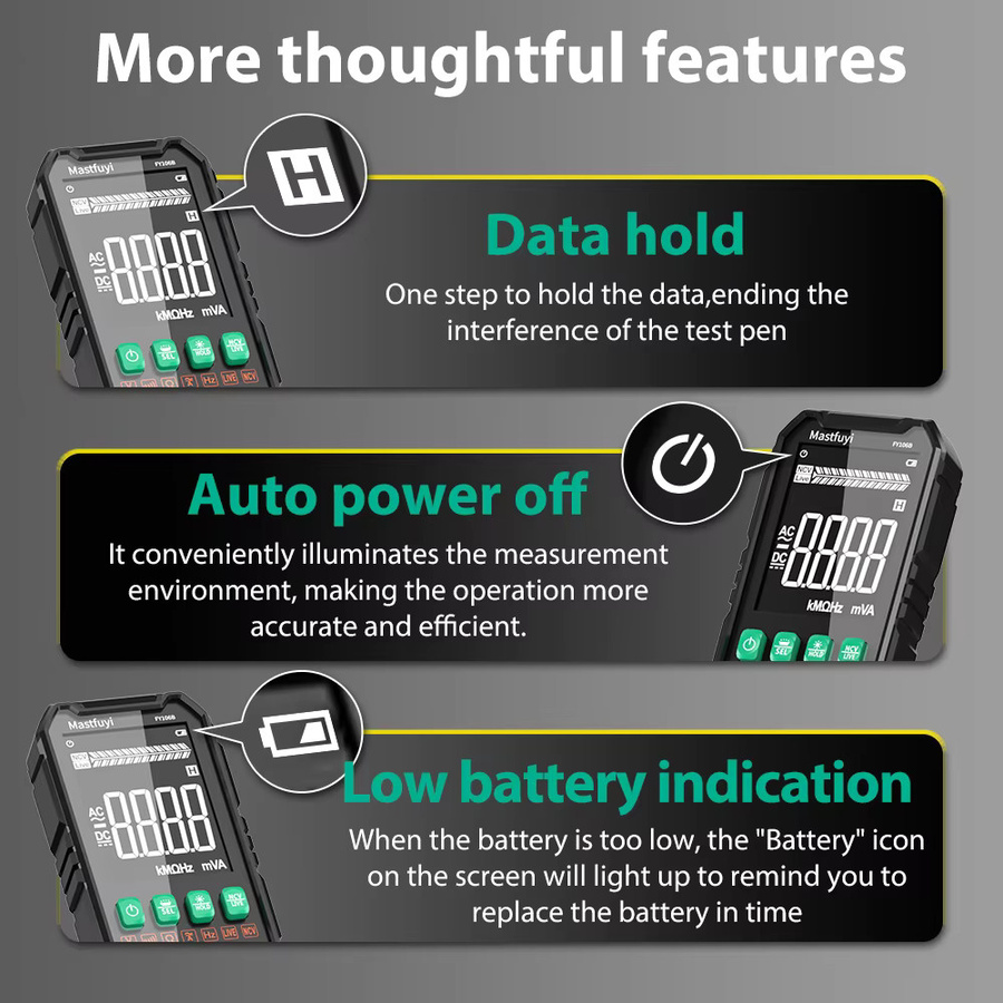 MASTFUYI Mini-Digitalmultimeter in Schwarz mit 4000 Zählungen, True RMS, intelligenter Messung, automatischer Bereichswahl und berührungsloser Spannungserkennung - Bild 3