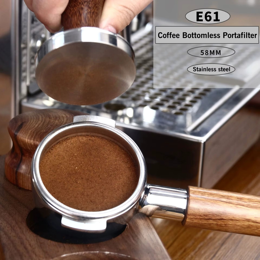 ALIKISSCAFE 58mm Bottomless Siebträger für E61 Expobar aus Edelstahl in Silber inklusive Filterkorb und zwei Griffen - Bild 3
