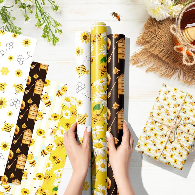 12 Stück Dekoratives Geschenkpapier mit Cartoon Honigbiene und Frühlingsmuster in Gelb für DIY Bastelarbeiten und Babypartys - Bild 1