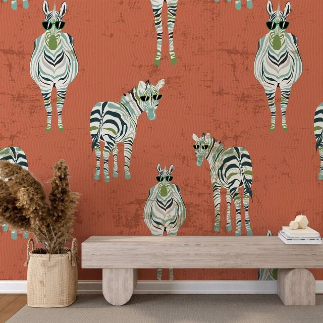 Pixel&Wall Zebra Tapete im Vintage Design in Rot und Braun, abnehmbare Peel and Stick Vlies Tapete - Bild 1