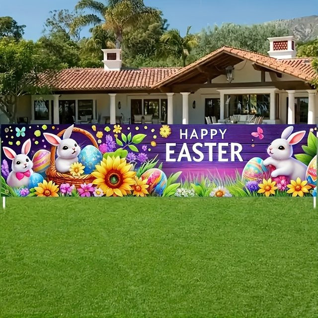 VIKAMA Ostern Banner mit bunten Kaninchen, Karotten und Eiern in Mehrfarbig zur Dekoration für Garten und Heim - Bild 1