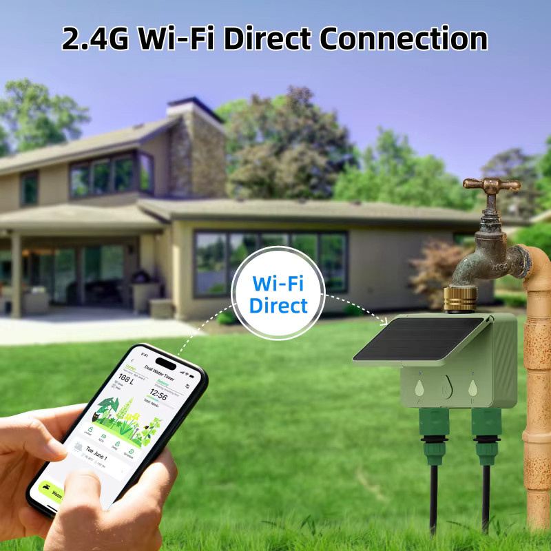 EZAIOT WLAN Smart Bewässerungstimer für den Garten, Solarbetriebener Tuya Programmierbarer 2-Zonen-Bewässerungsautomat mit Durchflussmesser in Grün - Bild 5