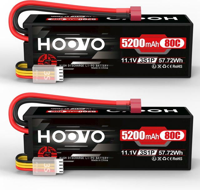 HOOVO 5200 mAh Lipo Batterie 3S 11,1 V 80C mit T-Stecker im Hard Case für RC Auto, Heli, Flugzeug und Boot, 2 Stück, Schwarz - Bild 1