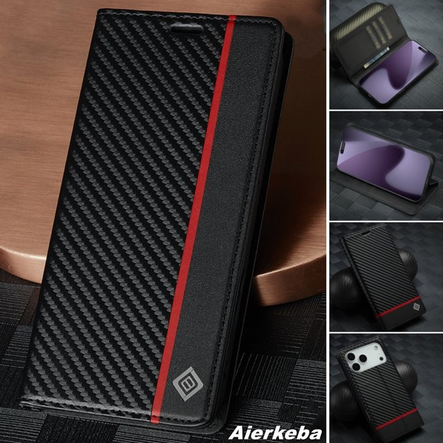 EUCAGR Flip-Hülle aus Carbon-Faser und PU-Leder für iPhone in Schwarz - Bild 1