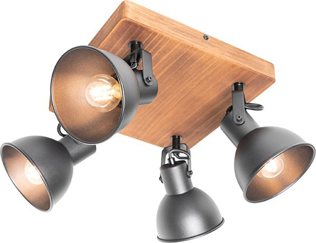 QAZQA Industrie-Deckenspot Tommy 4-flammig in Schwarz mit Holz und Stahl, neigbar - Bild 1