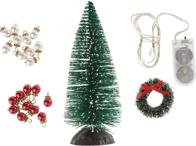 HobbyFun Wichtel-Set mit beleuchtetem Weihnachtsbaum und Tannenkranz in Grün - Bild 1