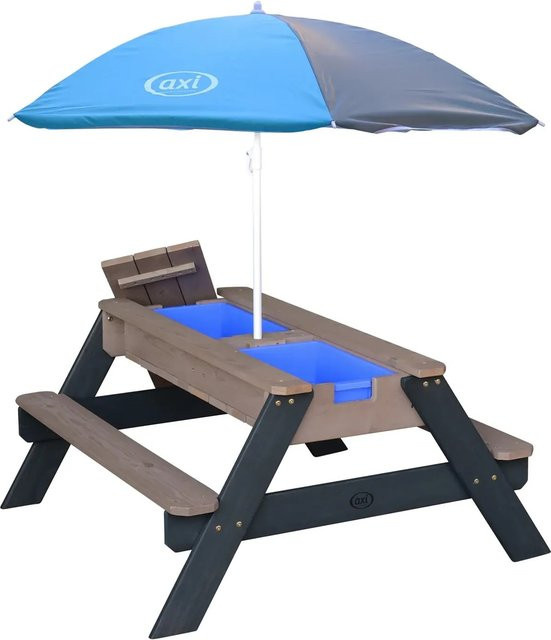 AXI Sand und Wassertisch Nick Picknicktisch in Anthrazit mit Sonnenschirm in Blau Grau B/H/L: 98 x 95 x 49 cm - Bild 1