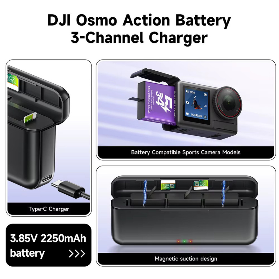 DJI Akku mit 2250mAh und 3-Kanal-Schnellladegerät für Osmo Action 5 Pro, Action 4 und Action 3 in Schwarz - Bild 4