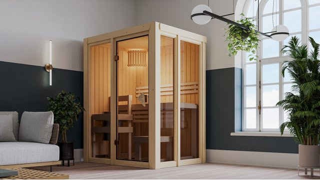 Karibu Sauna Ida 3 in Braun mit 68 mm Wandelementen und 3,6 kW Ofen inklusive integrierter Steuerung - Bild 1