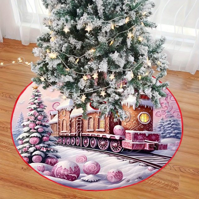 VIKAMA Weihnachtsbaum-Kissen mit Cartoon Lebkuchen-Zug Motiv in Rosa und Mehrfarbig, Runde Weihnachtsdekoration - Bild 1