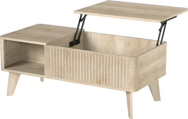 Aosom HOMCOM Hochklappbarer Couchtisch im Mid-Century-Stil mit verstecktem Fach und 2 offenen Regalen, Eiche, B/T/H: 100 x 48 x 41 cm - Bild 1