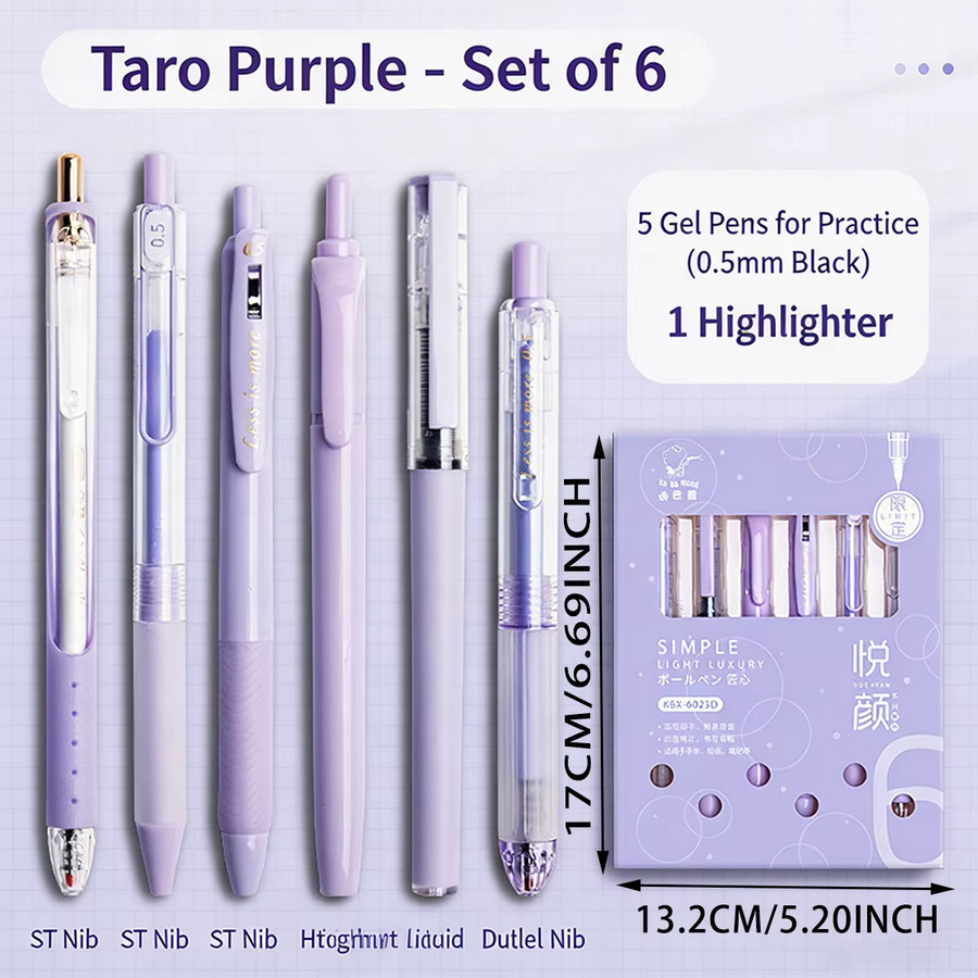 Yueyan 6-teiliges Gelstift-Set in Lila mit 5 schwarzen 0,5-mm-Gelstiften und 1 Textmarker, schnell trocknend für Schule und Büro - Bild 2