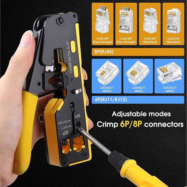 WOZOBUY RJ45 Pass Through Crimpzange All-in-One Drahtwerkzeug mit Stripper und Cutter für Cat7 Cat6 Cat5e Ethernet Modularstecker in Silber - Bild 1