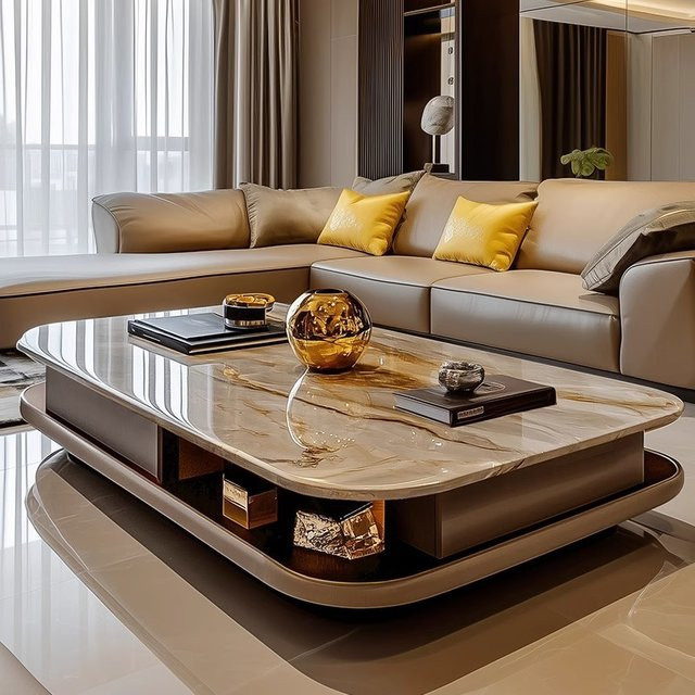 DUTRIEUX Japanischer Luxus-Couchtisch aus Marmor in Braun mit abgerundeten Ecken und modernem Design - Bild 1